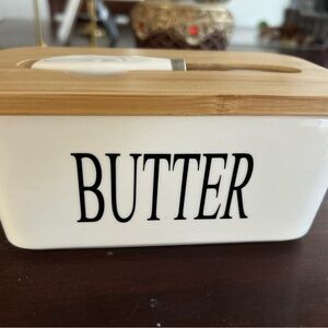 Ceramic Butter Dish with Bamboo Lid & Knife Farmhouse Kitchen Decor